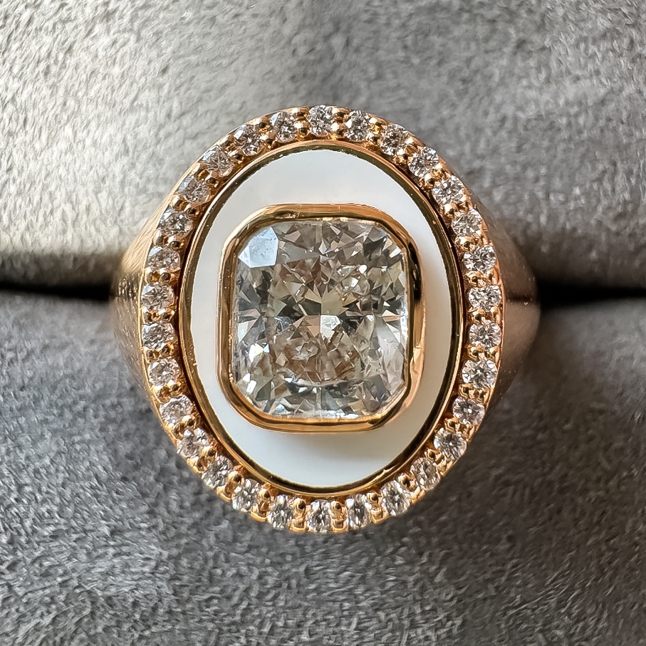 Fashionable 6 ctw Radiant Cut White Gemstone Black & White Signet Ring -JOSHINY