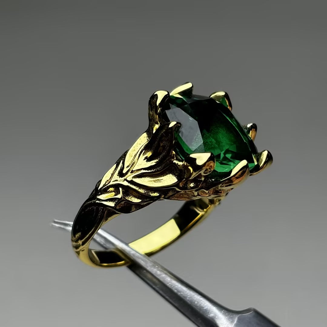 4Ctw Gold Leaf Carved Emerald Ring-JOSHINY