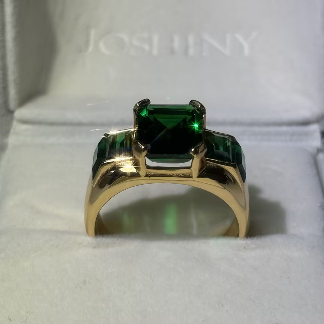 Legendary Octagonal Emerald Three-Stone Ring-JOSHINY