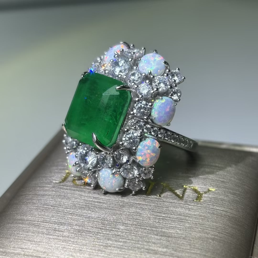 9.5Ctw Asscher Cut Emerald and Round Opal Engagement Ring-JOSHINY