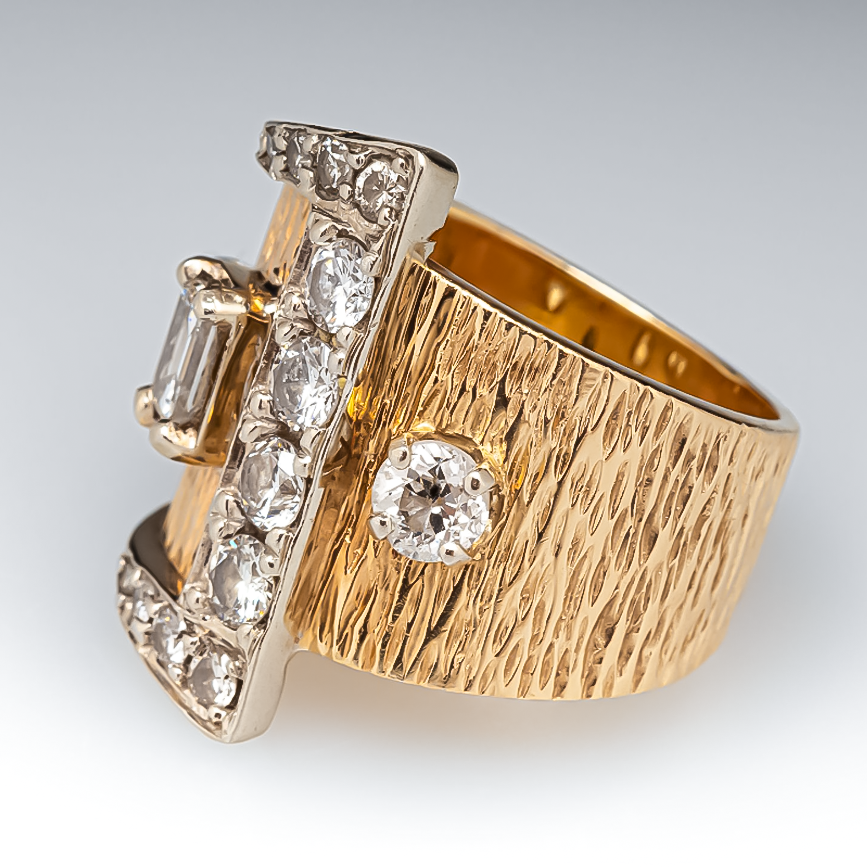 Vintage 2 ctw Round & Emerald Cut White Gemstone Two Tone Textured Buckle Ring -JOSHINY