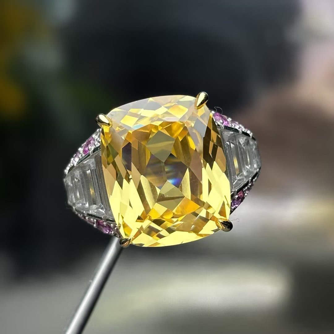 39 Ctw radiant cut yellow cubic zirconia 925 sterling silver engagement ring-JOSHINY