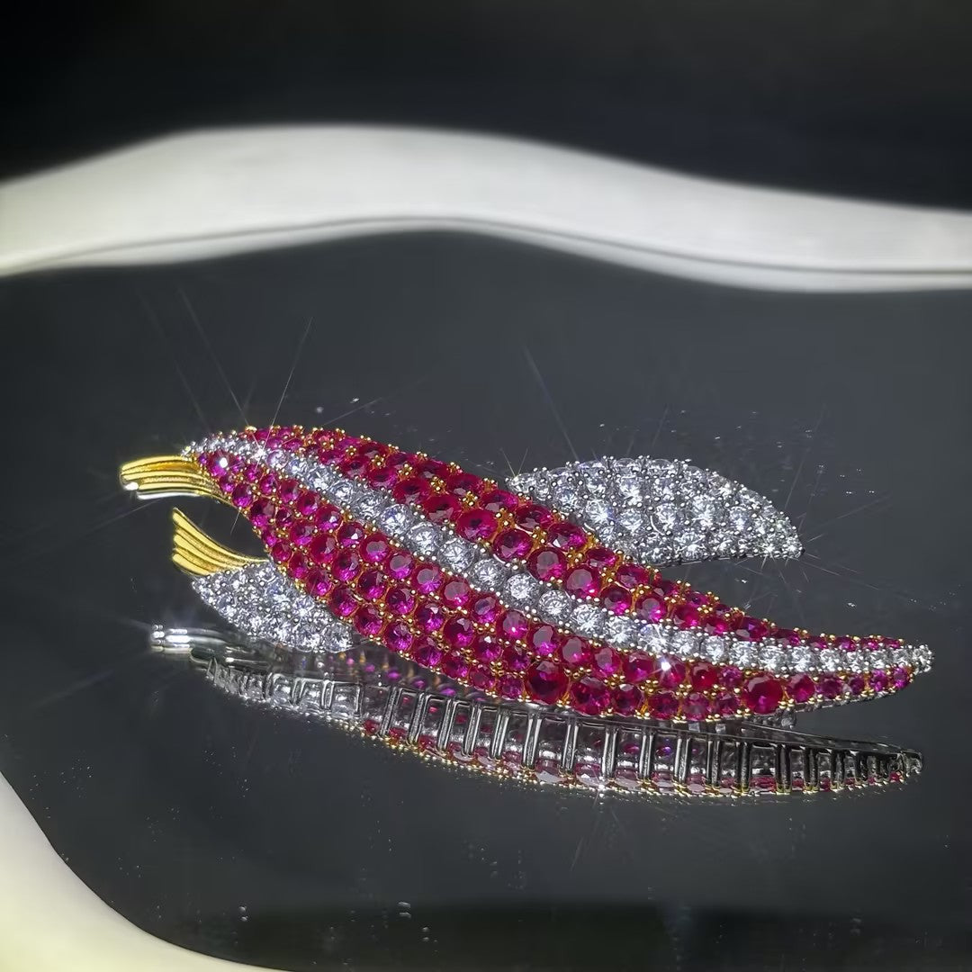 2.65 Ctw Round Cut White & Red Cubic Zirconias 925 Sterling Silver Double-leaf ruby brooch-JOSHINY
