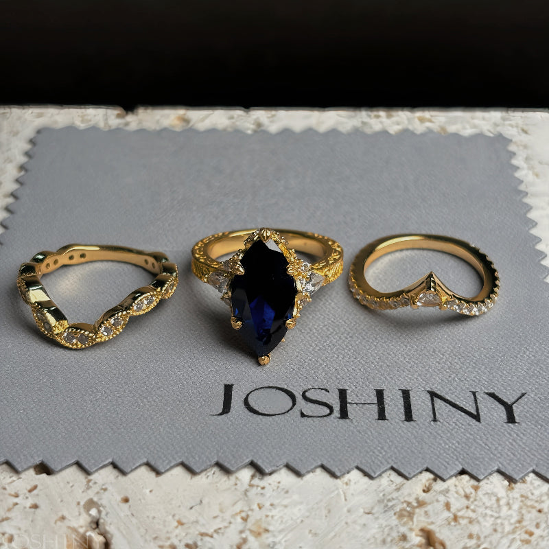 5.96ctw Marquise-cut Blue Sapphire Art Deco Ring Set-JOSHINY