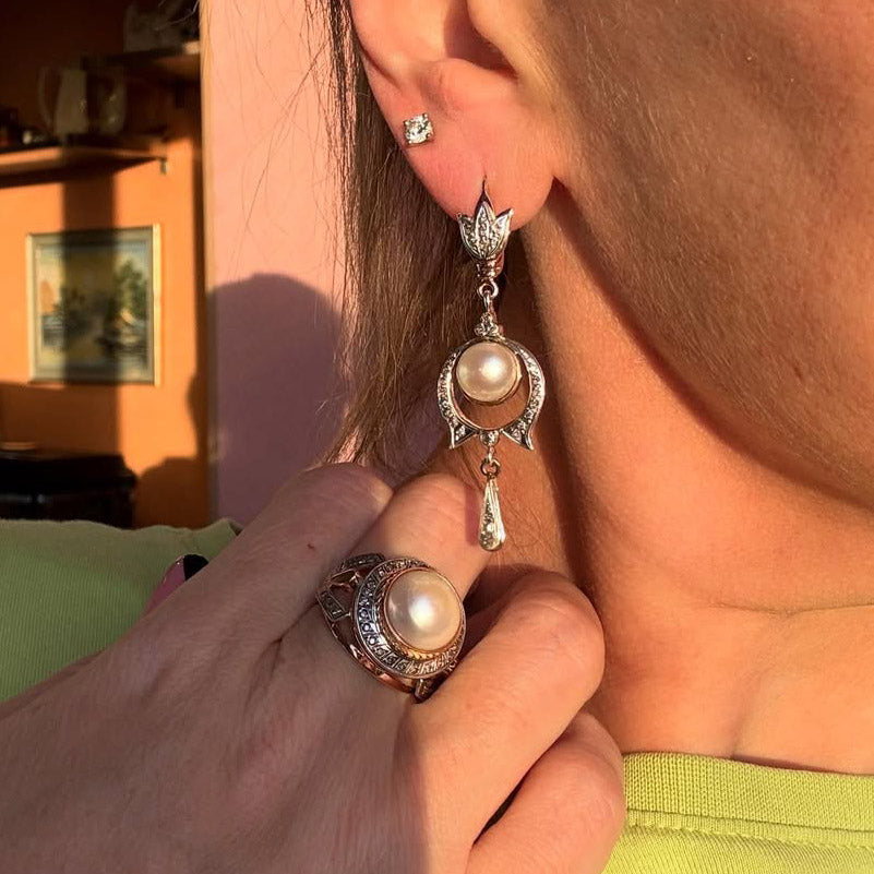Vintage Pearl Gemstone Ring Earring Set-JOSHINY