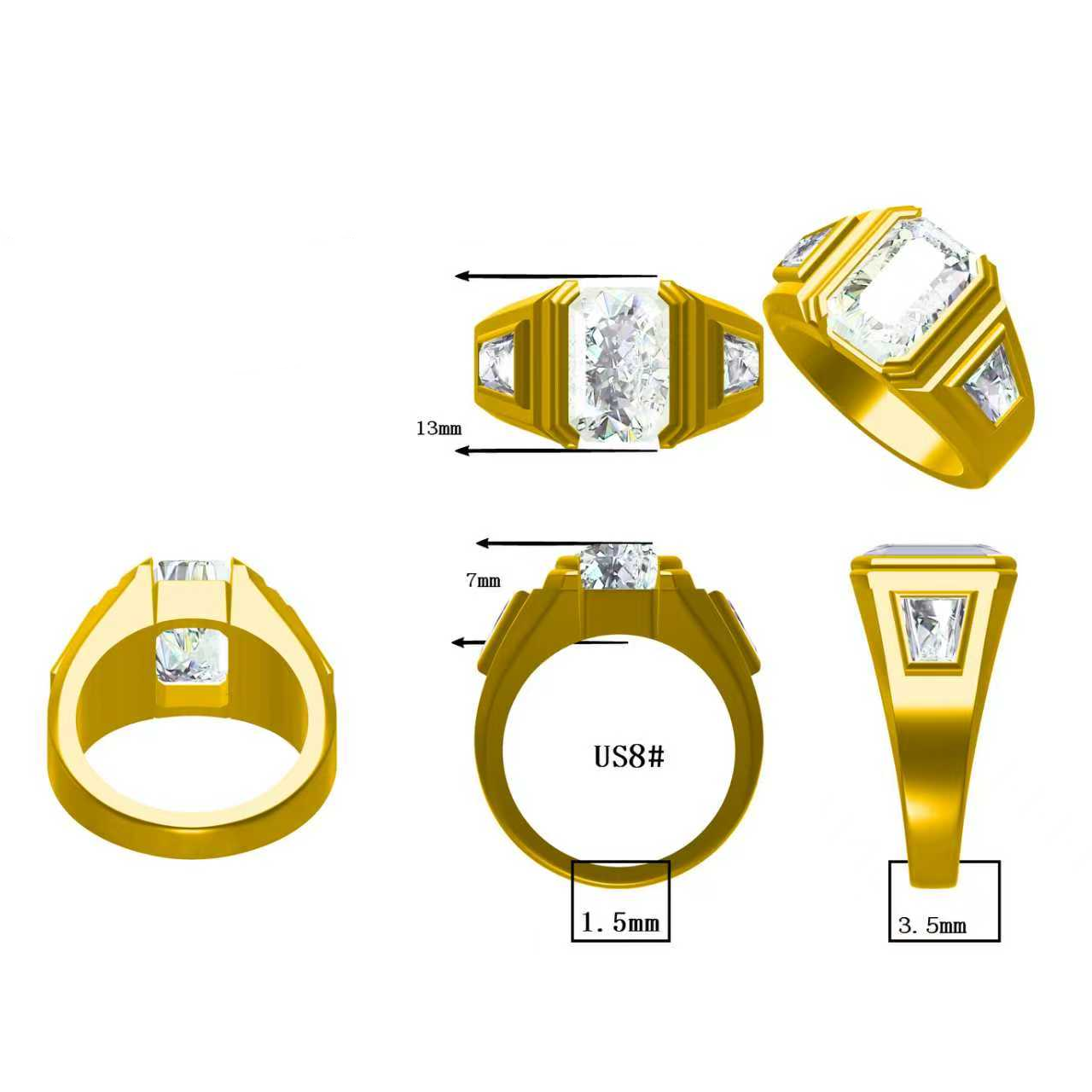 3.7Ctw Half Bezel Set Radiant and Trapezoidal Cut Three Stone Engagement Ring-JOSHINY