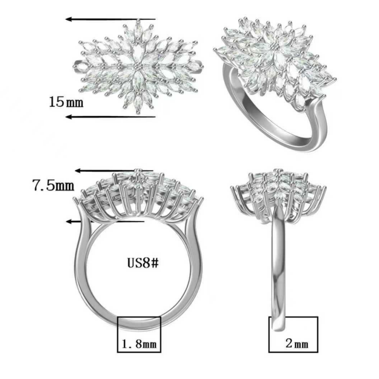 Exquisite 3 ctw Marquise & Round Cut White Gemstone Cluster Ring -JOSHINY