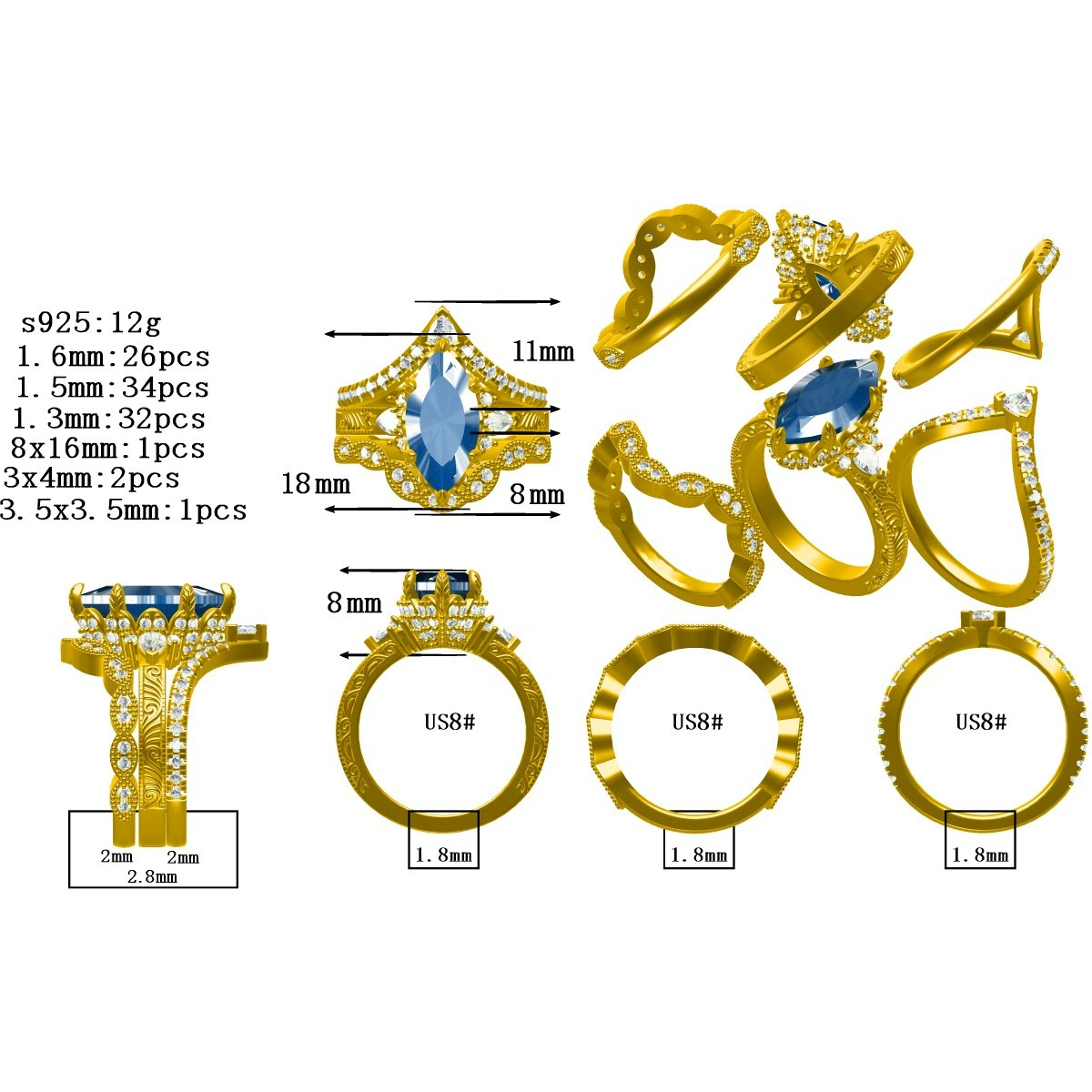 5.96ctw Marquise-cut Blue Sapphire Art Deco Ring Set-JOSHINY