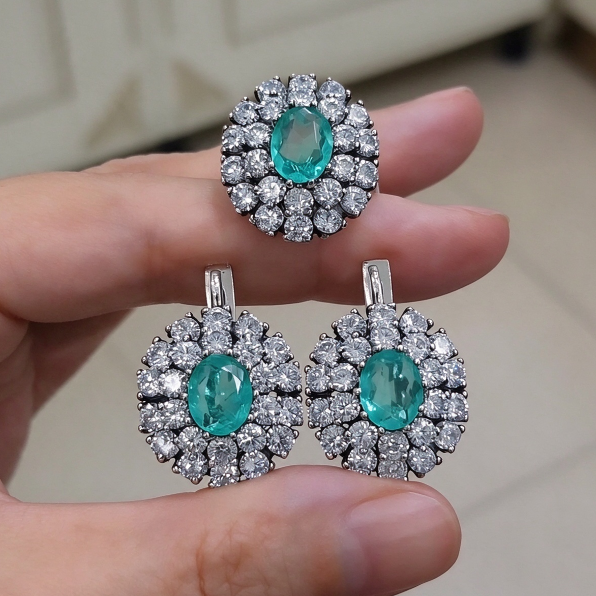 8CTW Oval Cut Blue Cubic Zirconia Vintage 925 Silver Wedding Ring & Earrings Jewelry Set-joshiny