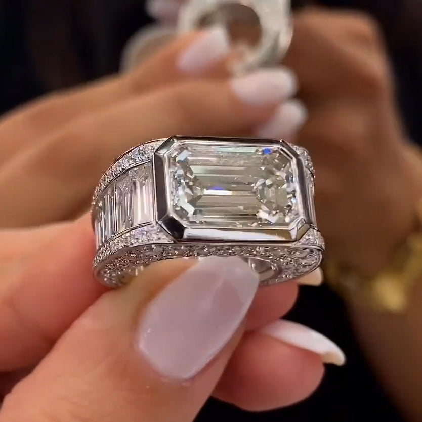 Sparkling Emerald Cut Pave Diamond Engagement Ring -JOSHINY