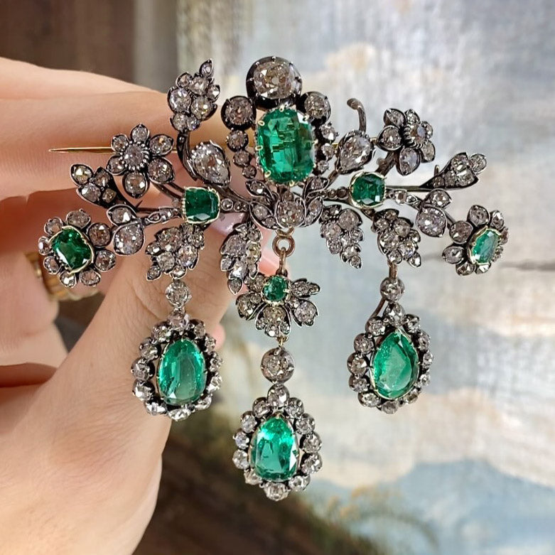 Emerald Brooch and Earring Set-JOSHINY