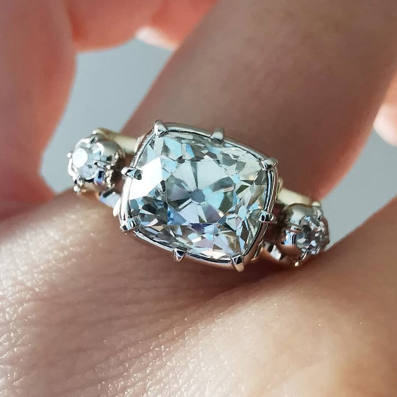 5ctw Elongated Cushion-Cut Signature Three-Stone Antique Ring-JOSHINY