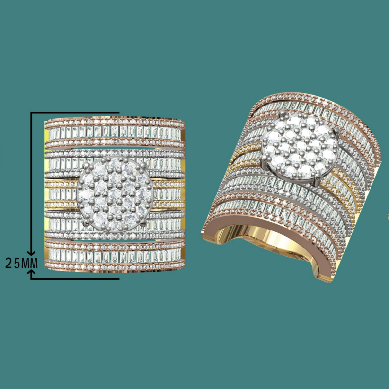 Gorgeous 10 ctw Round & Baguette Cut White Gemstone Pavé Tricolor Ring -JOSHINY