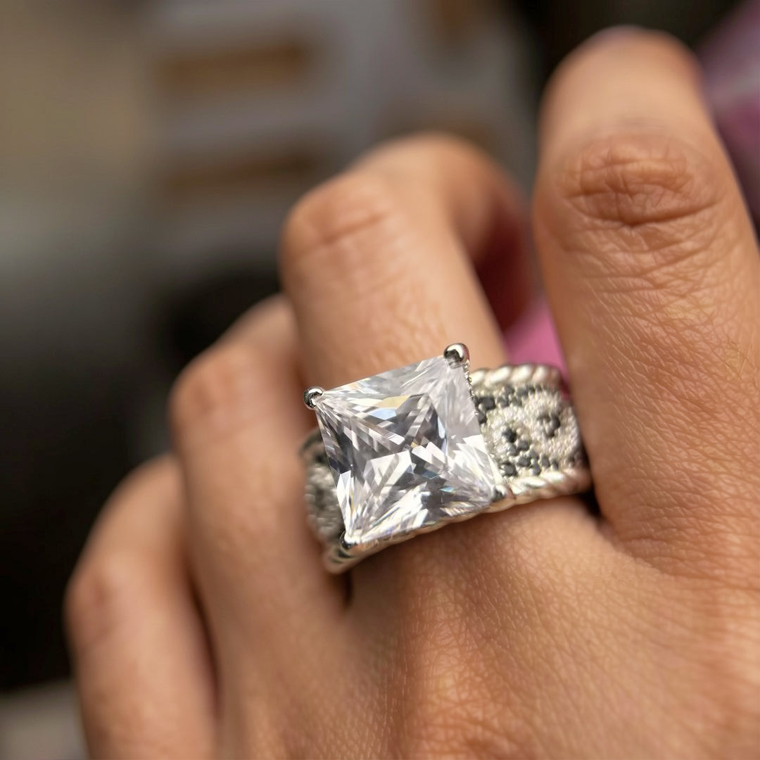 Unique 10 ctw Square Cut White Gemstone Black&White Floral Engagement Ring -JOSHINY