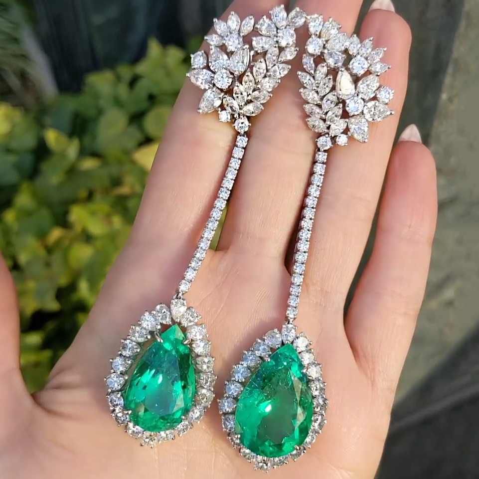 Gorgeous 12 ctw Pear Cut Emerald Chandelier Earrings -JOSHINY