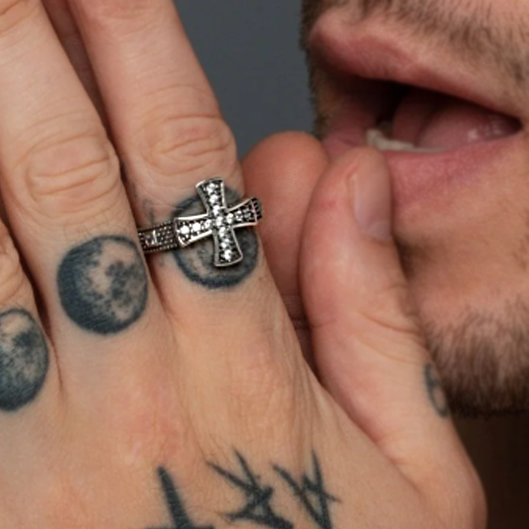 Personalized 0.3 ctw Round Cut White Gemstone Cross Men's Ring -JOSHINY