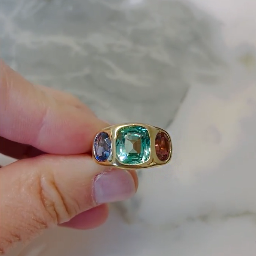 5ctw Cushion&Oval Cut Red&Green&Blue Vintage Three-Stone Gemstone Ring -JOSHINY