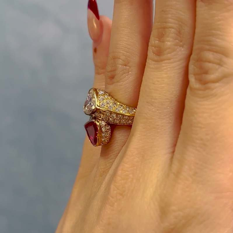 2 ctw Two Color Heart Cut Ruby White Gemstone Vintage Two Stone Ring -JOSHINY
