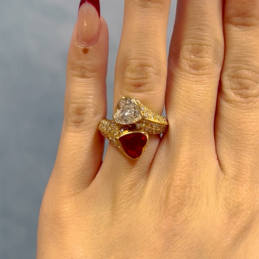 2 ctw Two Color Heart Cut Ruby White Gemstone Vintage Two