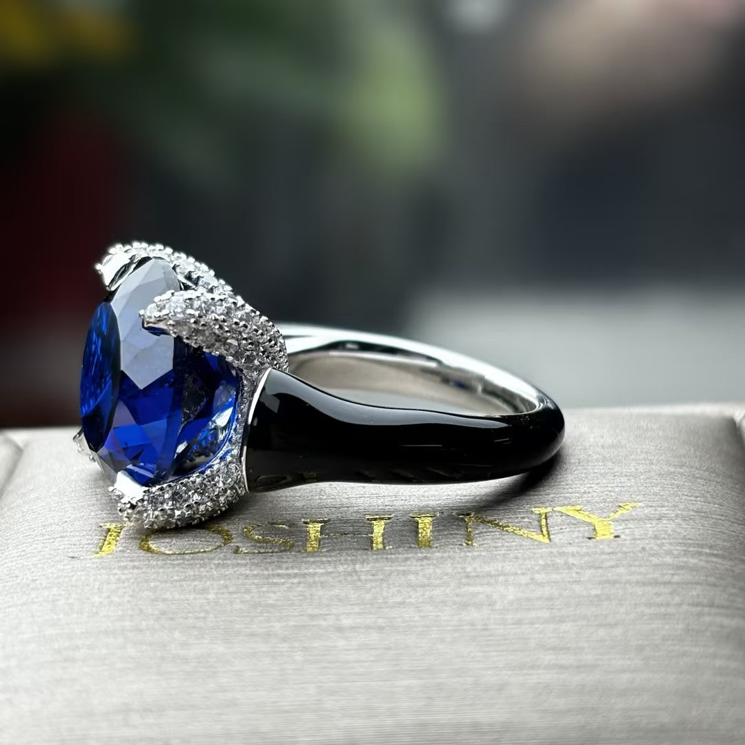 10Ctw Stunning Three-Stone Artistic Blue Gemstone Engagement Ring-JOSHINY