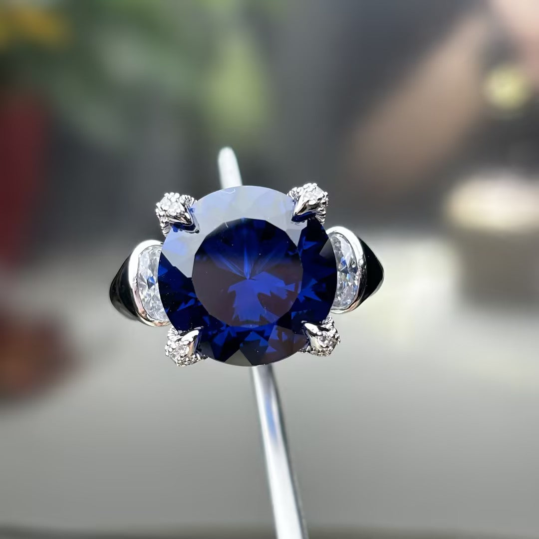 10Ctw Stunning Three-Stone Artistic Blue Gemstone Engagement Ring-JOSHINY