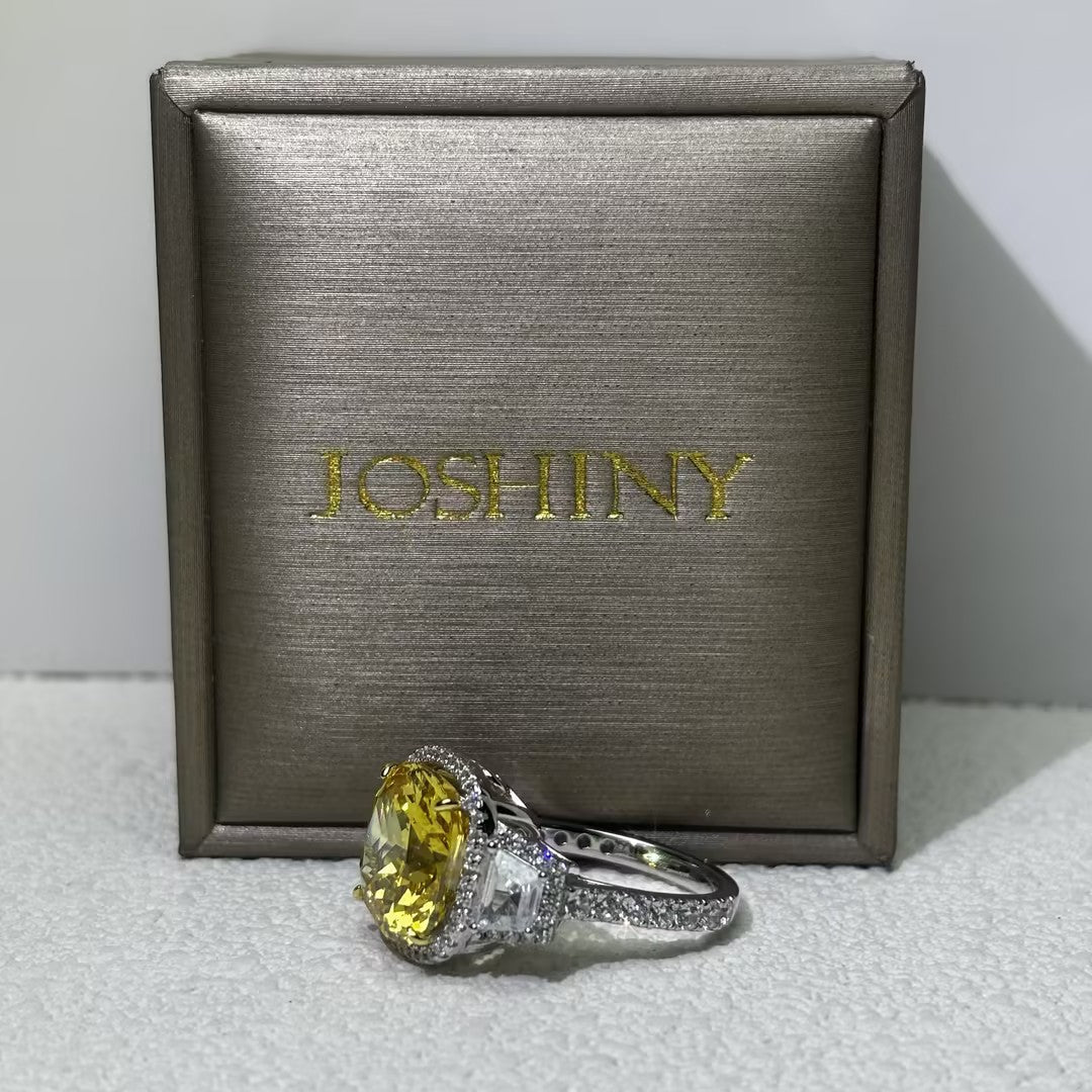 10.24 CTW Cushion Cut Yellow Cubic Zirconia 925 Sterling Silver Ring -JOSHINY