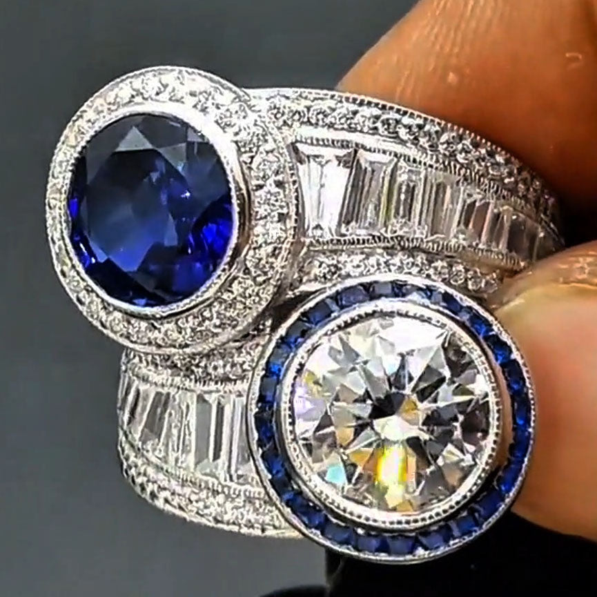 7.12ctw lovely two stone white and sapphire ring-JOSHINY