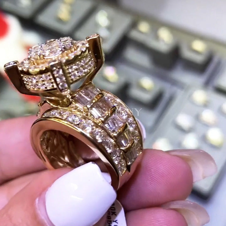 Luxury 4 ctw Round & Trapezoidal Cut White Gemstone Pavé Engagement Ring -JOSHINY