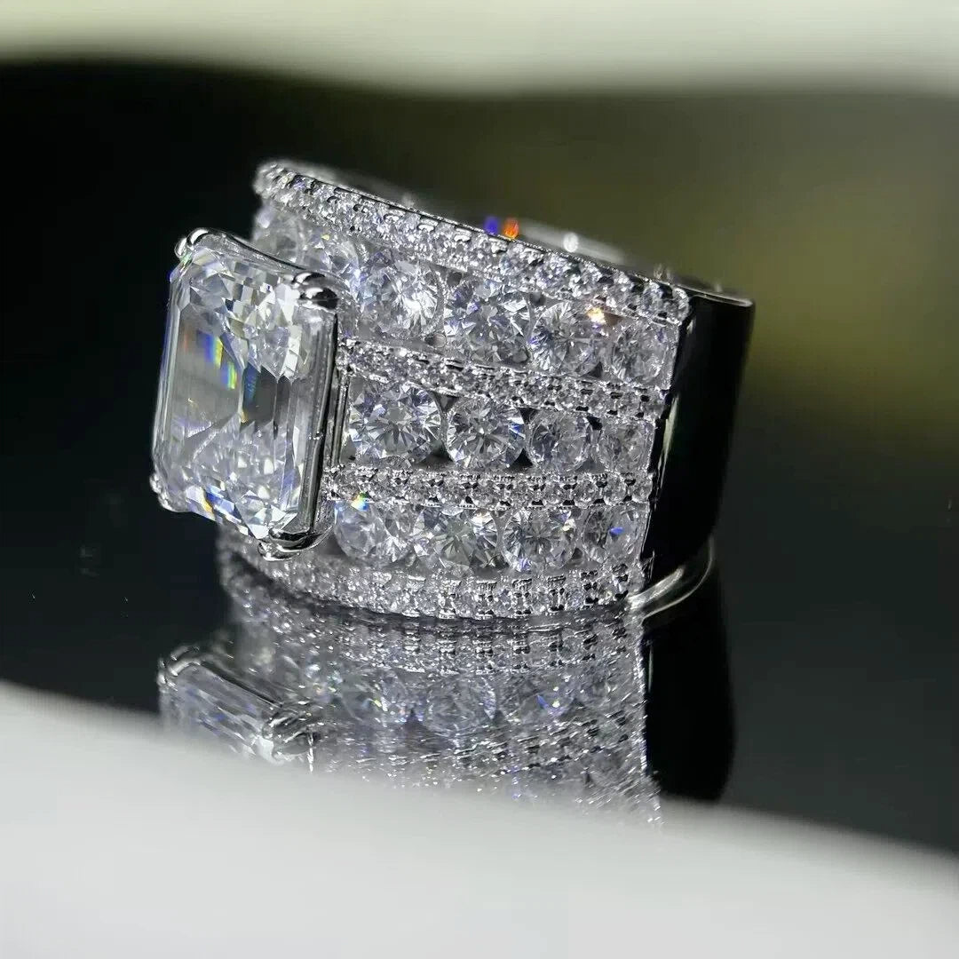 8.6 ctw Emerald Cut White Cubic Zirconia 925 Sterling Silver Engagement Ring-JOSHINY