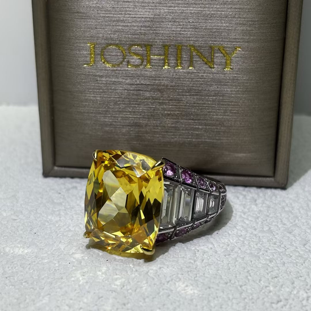 39 Ctw radiant cut yellow cubic zirconia 925 sterling silver engagement ring-JOSHINY