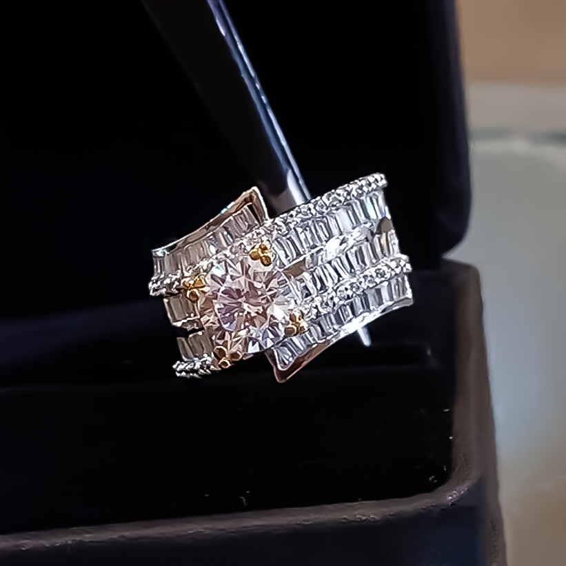 Unique 4 ctw Round & Baguette Cut White Gemstone Engagement Ring -JOSHINY