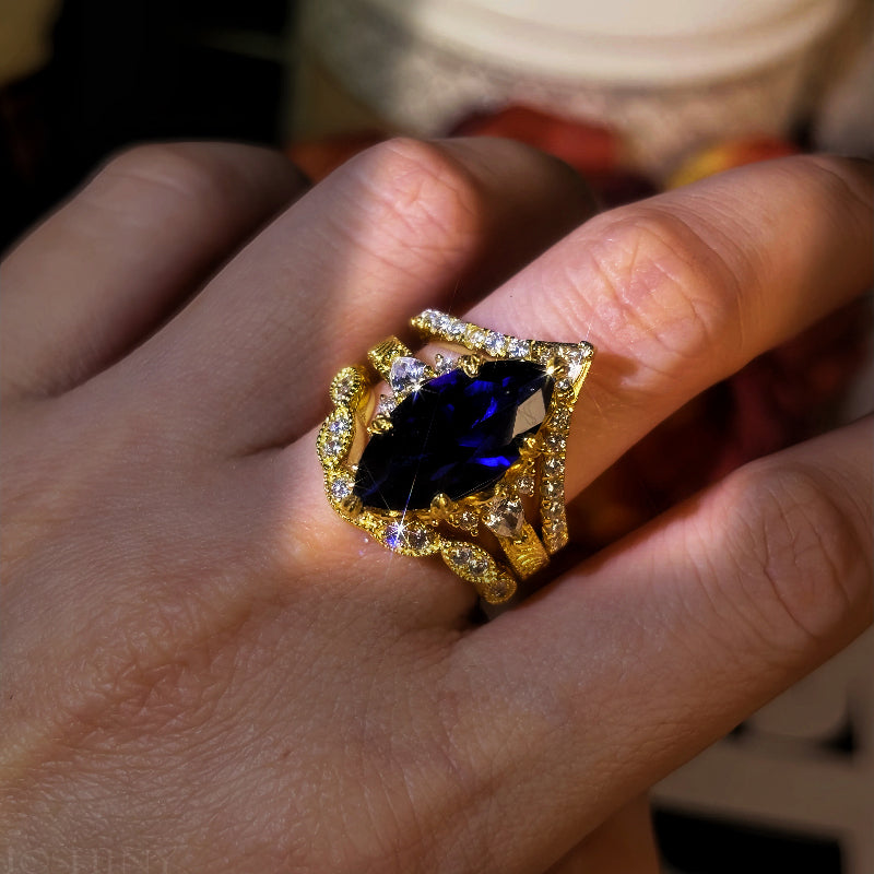 5.96ctw Marquise-cut Blue Sapphire Art Deco Ring Set-JOSHINY