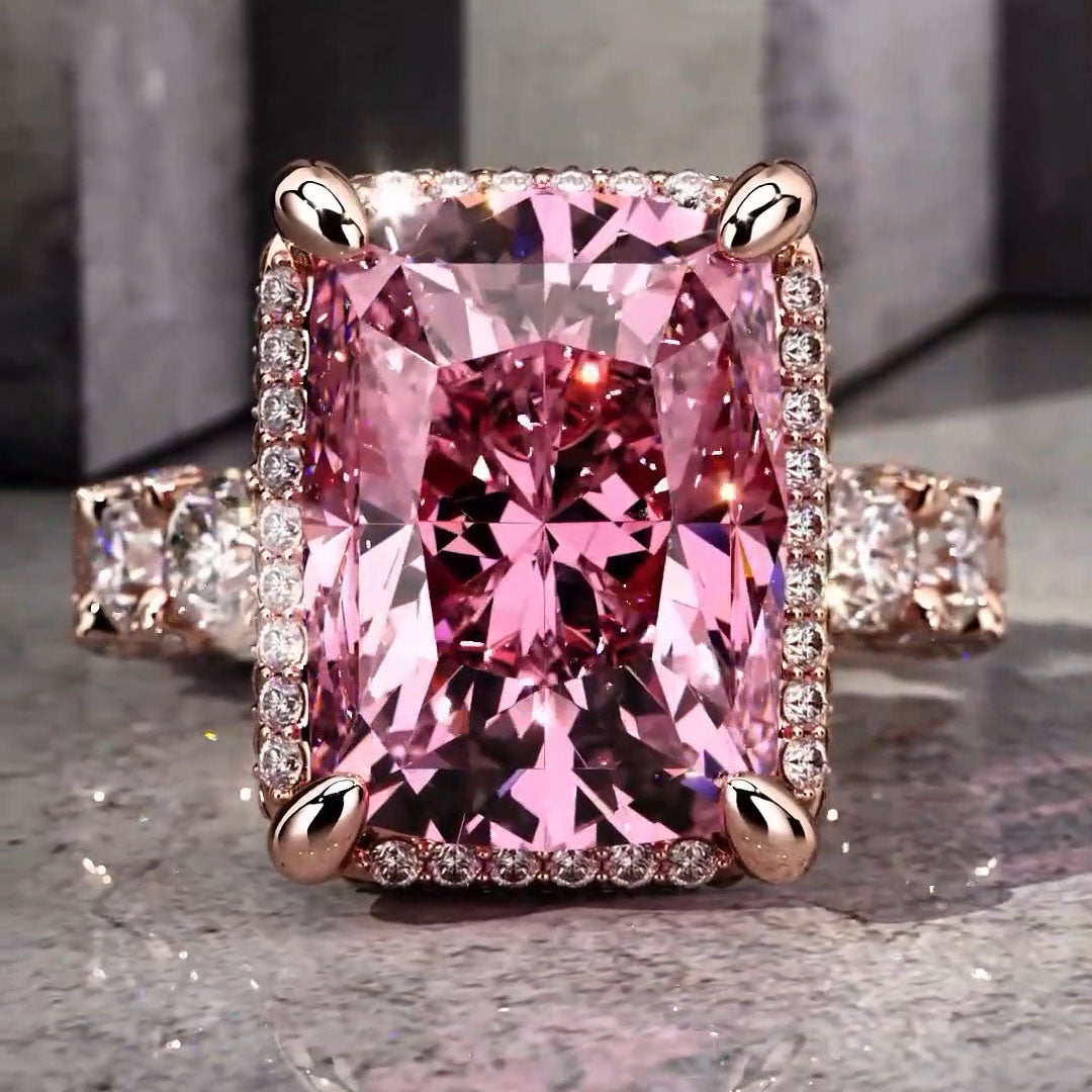 10ctw Radiant Cut Pink Morganite Rose Gold Ring -JOSHINY