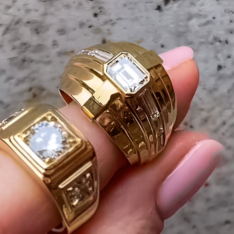 Unique 2 ctw Emerald & Trapezoidal & Baguette Cut White Gemstone Ring -JOSHINY