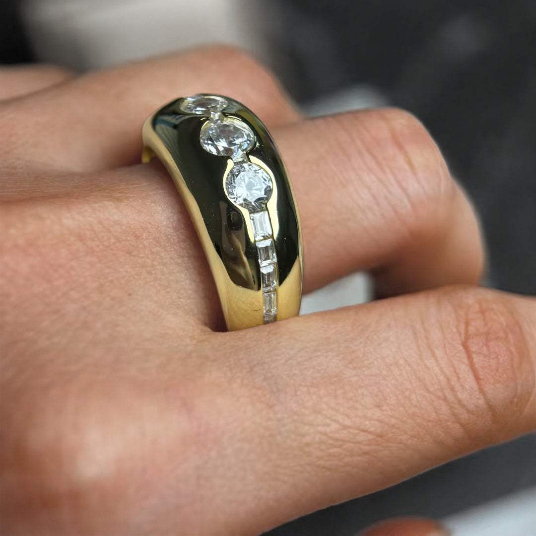 Vintage 2 ctw Round & Baguette Cut White Gemstone Three Stone Engagement Ring -JOSHINY