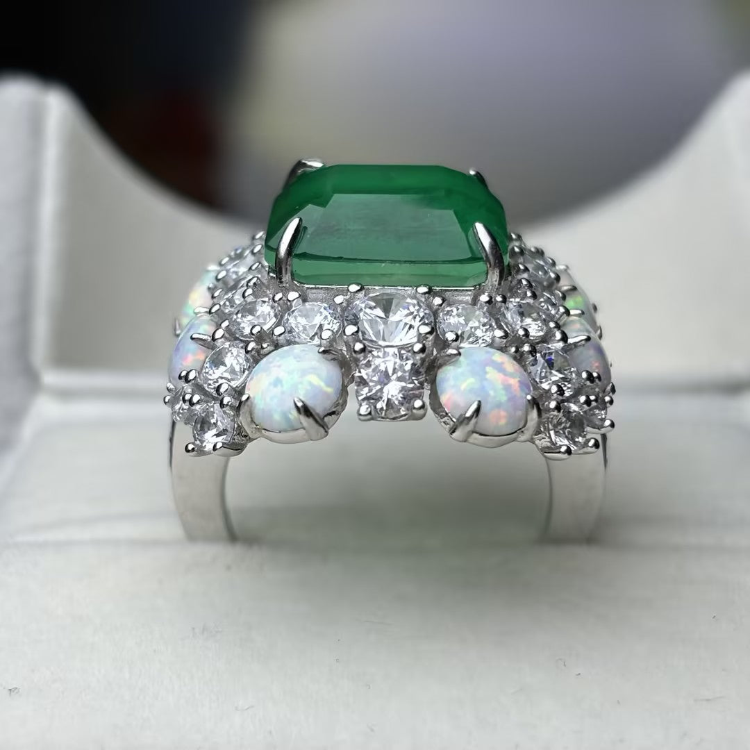 9.5Ctw Asscher Cut Emerald and Round Opal Engagement Ring-JOSHINY