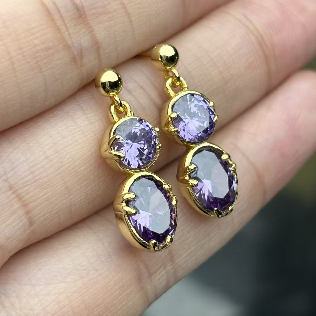Vintage Gold Large Amethyst Stud Drop Earrings