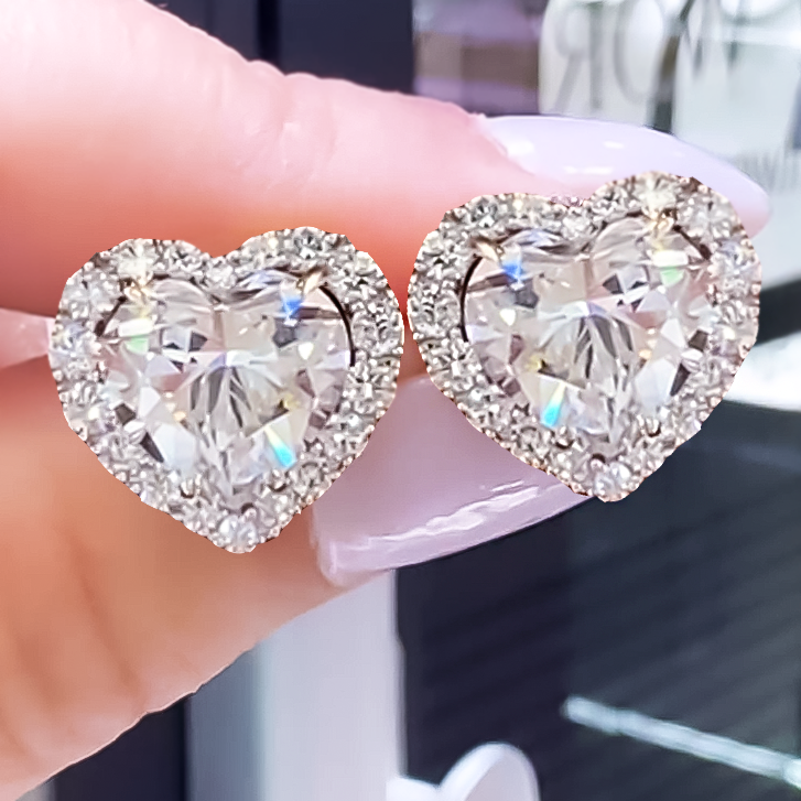 Exquisite 6 ctw Heart Cut White Gemstone Halo Stud Earrings -JOSHINY