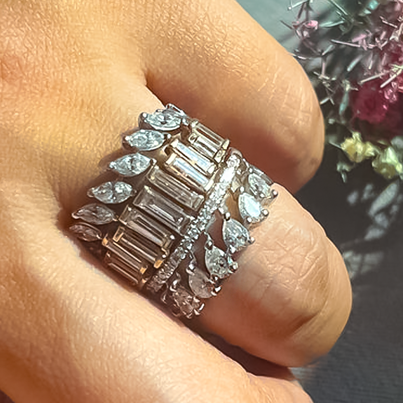 Unique 3 ctw Multi-Cut White Gemstone Two-Tone Cluster Ring -JOSHINY