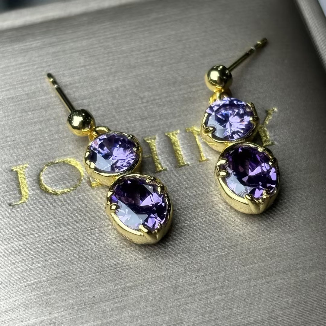 Vintage Gold Large Amethyst Stud Drop Earrings