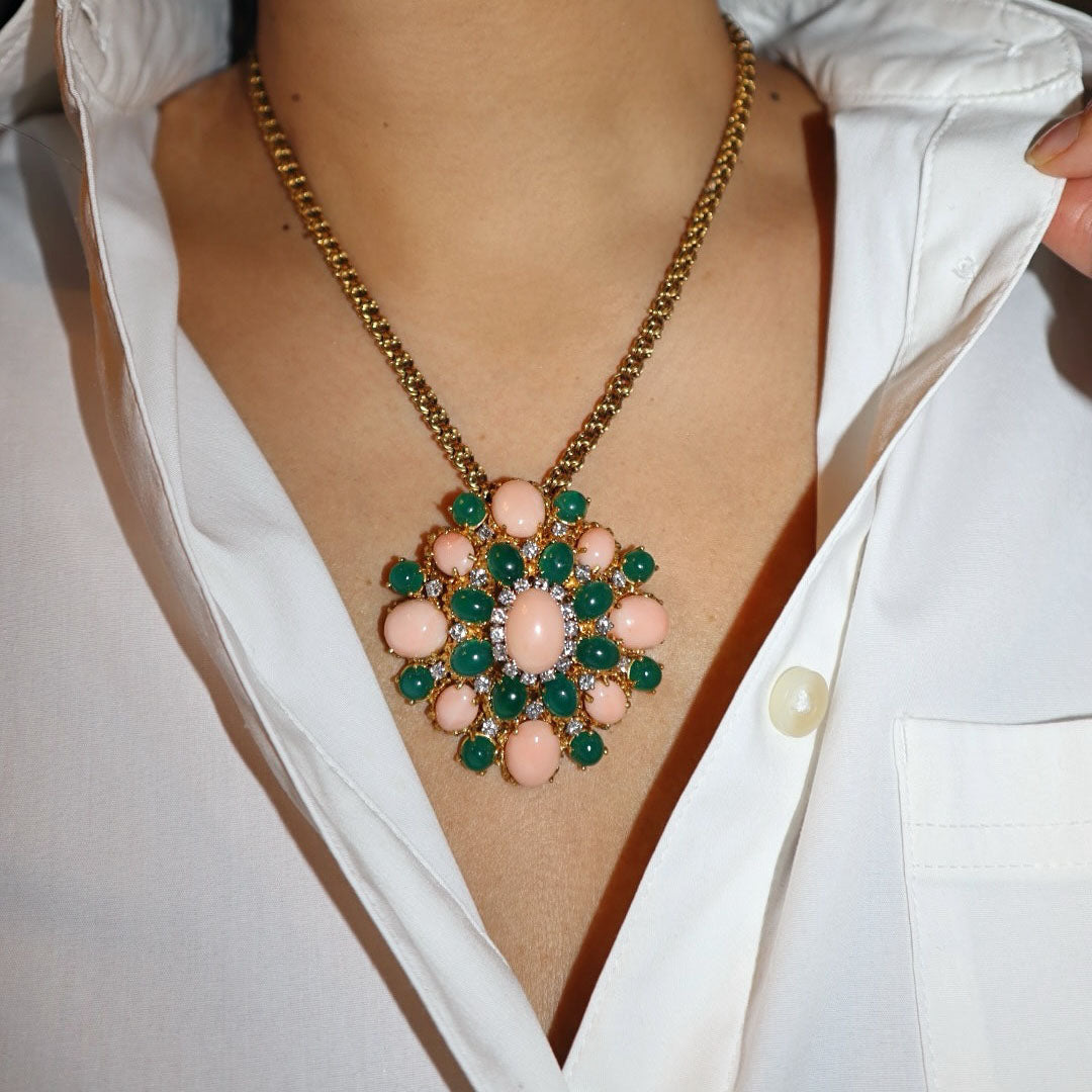 A unique turquoise and gemstone brooch, earrings, and pendant set-JOSHINY