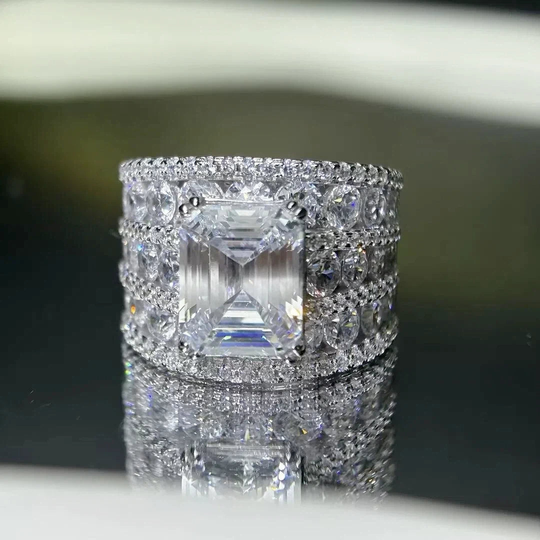 8.6 ctw Emerald Cut White Cubic Zirconia 925 Sterling Silver Engagement Ring-JOSHINY
