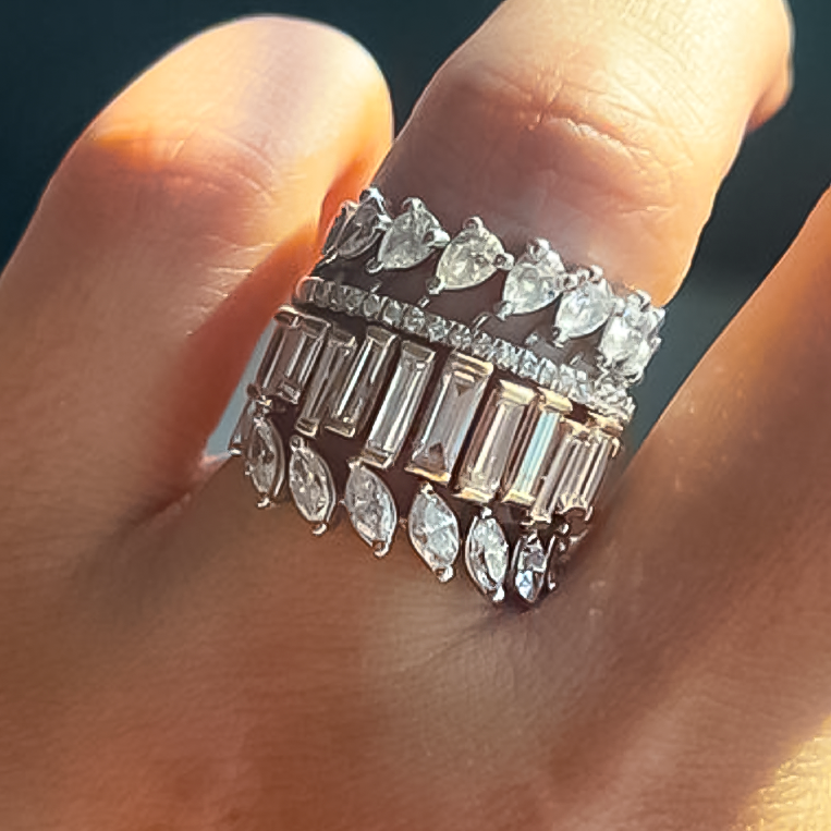 Unique 3 ctw Multi-Cut White Gemstone Two-Tone Cluster Ring -JOSHINY