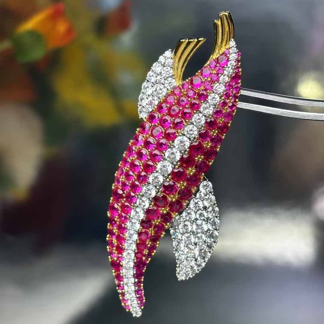 2.65 Ctw Round Cut White & Red Cubic Zirconias 925 Sterling Silver Double-leaf ruby brooch-JOSHINY