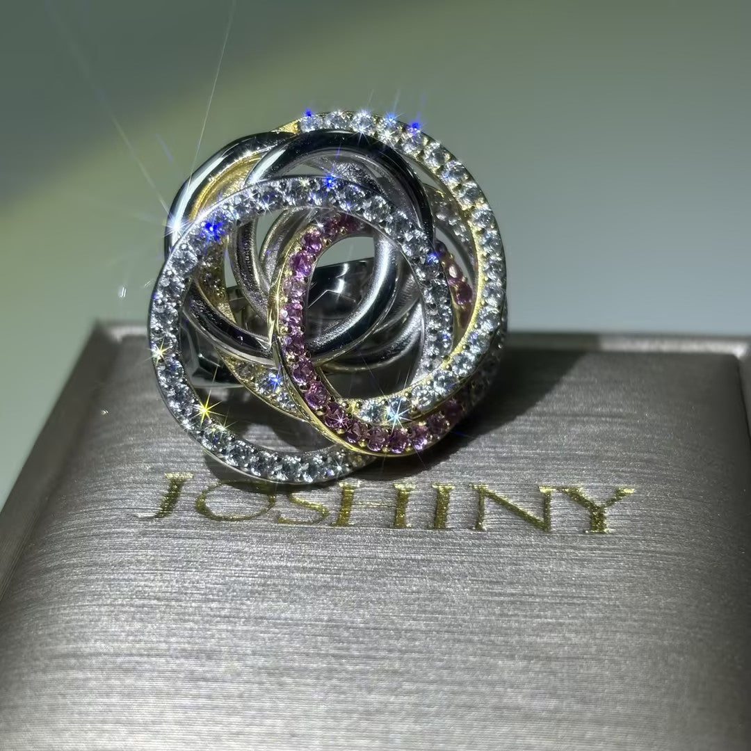 Unique 1 ctw Round Cut White & Pink Gemstone Two-Tone Ring -JOSHINY