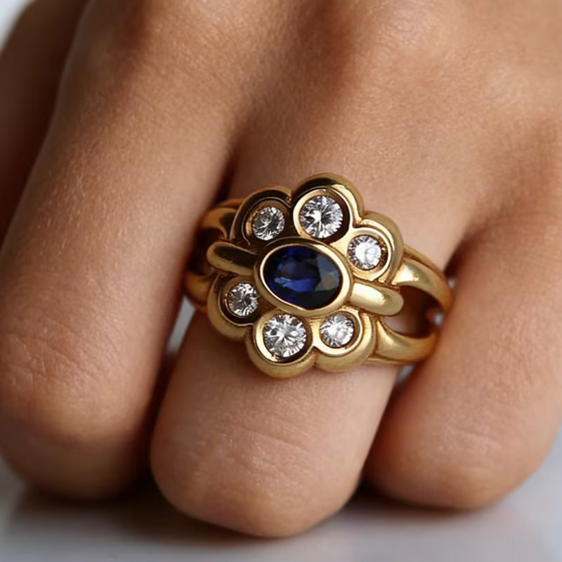 3.5ctw Oval Cut Blue Stone Vintage Ring -JOSHINY