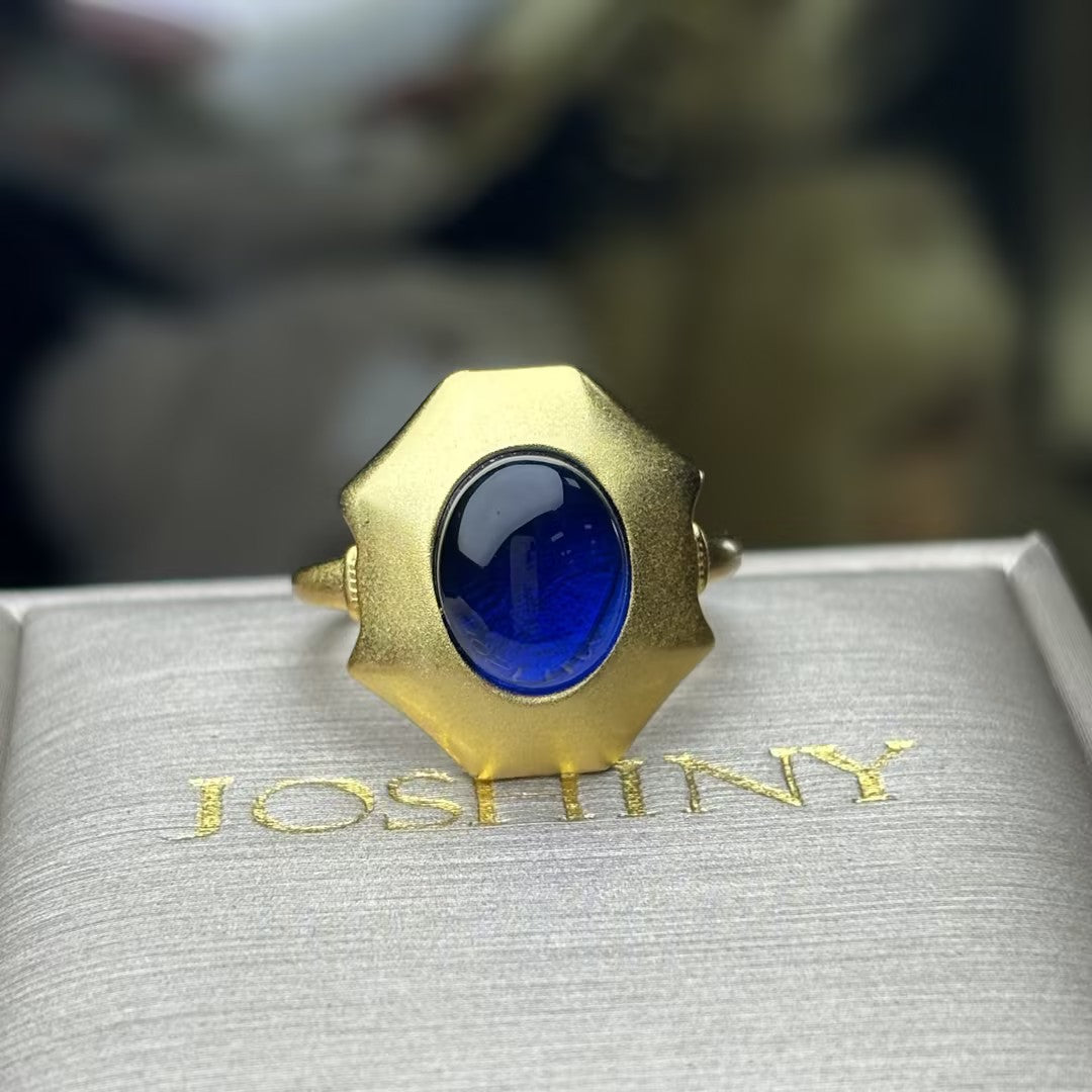 Cabochon-cut oval blue gemstone art ring-JOSHINY