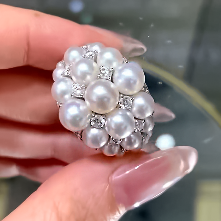 Elegant 2 ctw Round Cut White Gemstone & Pearl Cluster Cocktail Ring -JOSHINY