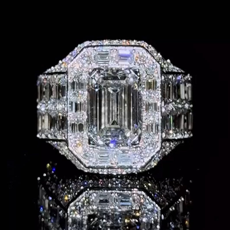 10ctw Emerald and Baguette Cut Luxury Pave Set Engagement Ring-JOSHINY