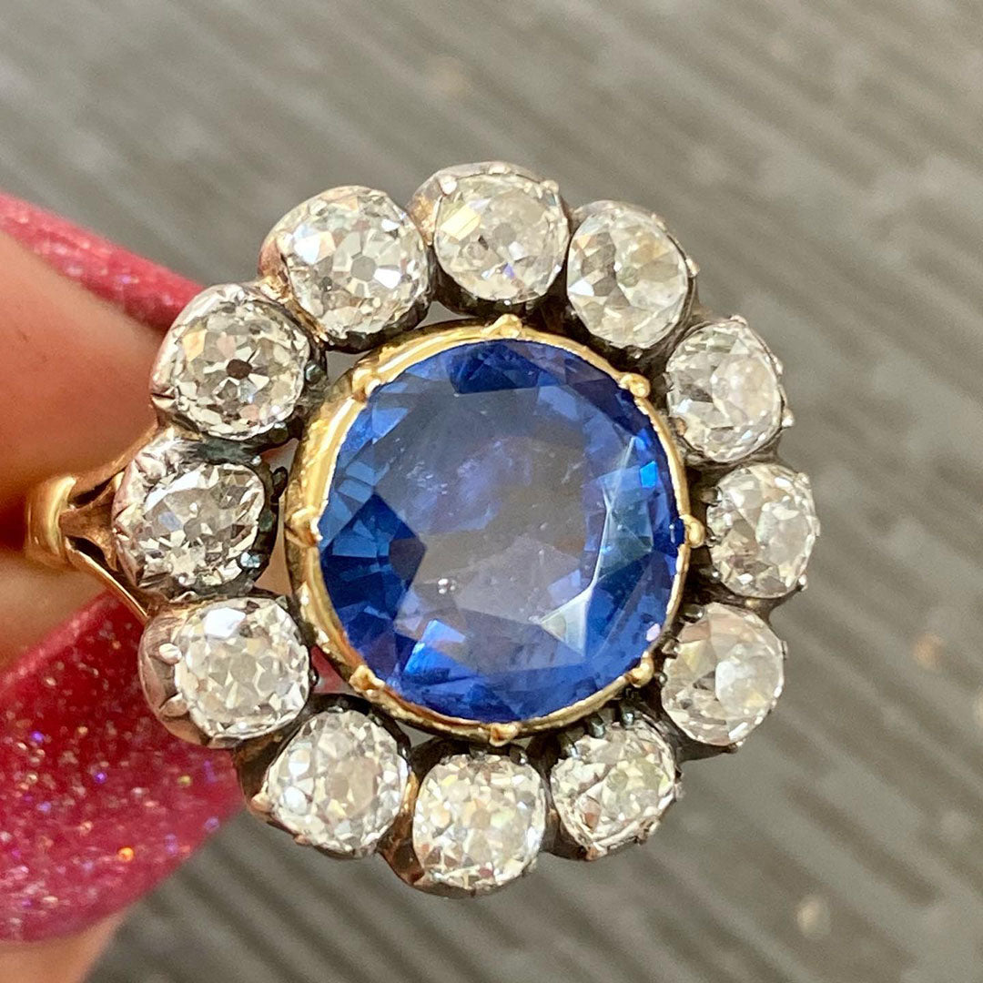 7.0ctw Old Mine Cut Antique Blue Gemstone Ring -JOSHINY